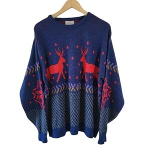 VTG Pinnacle Deer Print Navy  Red Knit Pullover Sweater Unisex Sz L USA Holiday